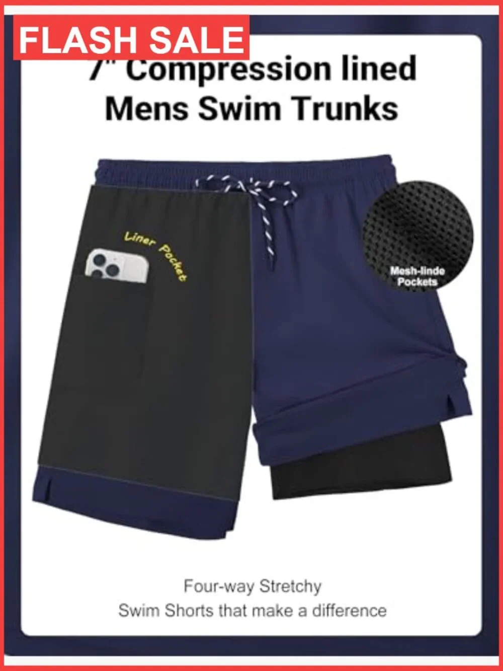 2 in 1 Mens Swim Trunks 7 Inch Quick Dry Board Shorts with Compression Liner